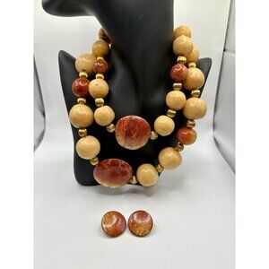 Beaded Matching Set 2 Necklaces Clip On Earrings Yellow Red Boho Ethnic Tribal